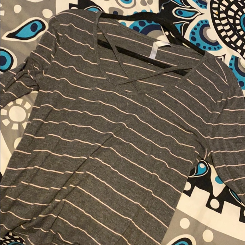 Long sleeve gray and pink striped shirt